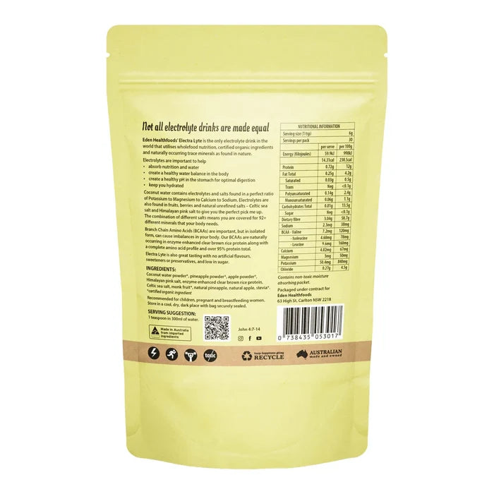 Back of Eden Healthfoods Electralyte pouch showing ingredients, benefits, serving suggestion & nutritional information.