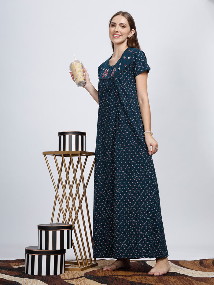Forest Green Cotton Blend Feeding Maternity Nighty