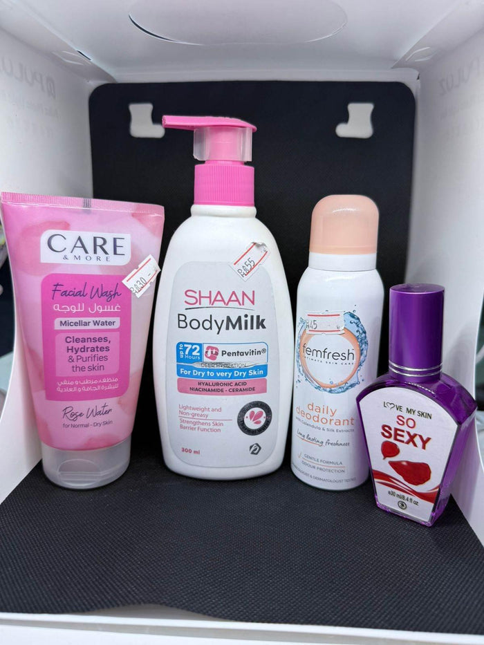 Feminine Care Set – Rose Wash + Body Milk + Deodorant + Perfume - Feminine Hygiene & Skincare Set - Care & More, Shaan, Femfresh, Love My Skin -- United Arab Emirates -- Pinky Cosmetics