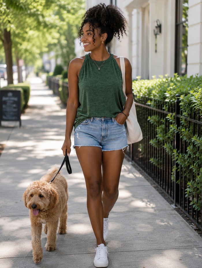 Green Round Neck Sleeveless Tank Tops