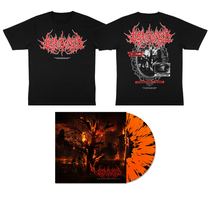 Left To Suffer black T-shirt featuring striking red and white graphics, displayed from both front and back, printed on premium Comfort Colors fabric. Below, a limited edition orange vinyl record with black splatter is paired with a dark album cover showcasing a fiery tree and shadowy figures—perfect for collectors, this exclusive release includes a detailed tracklisting.
