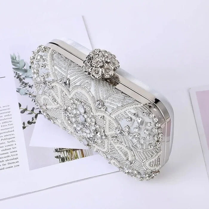 Silver Opal & Pearl Bridal Clutch | Elegant Beaded Wedding Purse