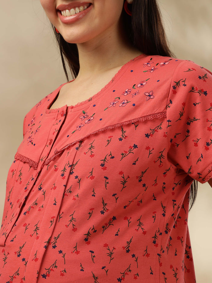 Cozy Peachy Pink Maternity Maxi Nighty For Women