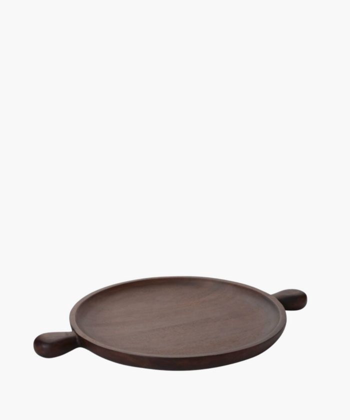 Large round, dark wooden serving tray with handles on each side, set against a white background. The sleek design conveys a rustic, elegant feel. | SW Home