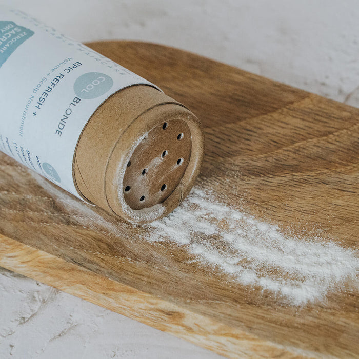 Zerocare Sustainable Haircare Sacred Water Dry Shampoo Powder in the shade 'Cool Blonde'.