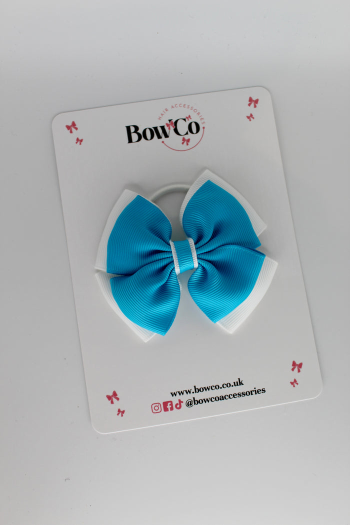School Bow Turquoise and White - Layer Edge Bow - Elastic