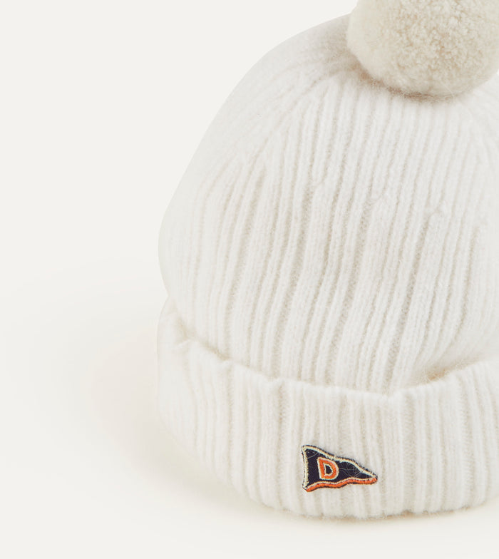 White Angora Lambswool Ribbed Bobble Knit Hat