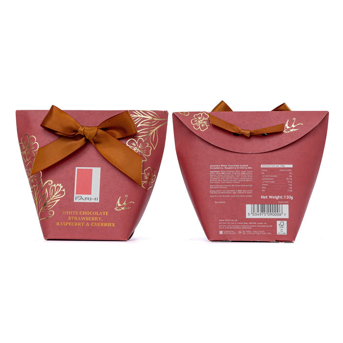 White Chocolate Strawberry, Raspberry & Cherries in Bow Box, Palm Oil Free, 130g