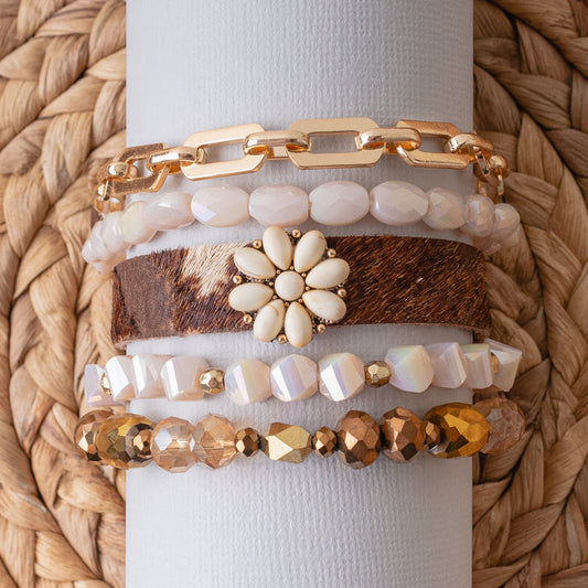 74736 - Leopard and Crystal Stacked Bracelets - Beige