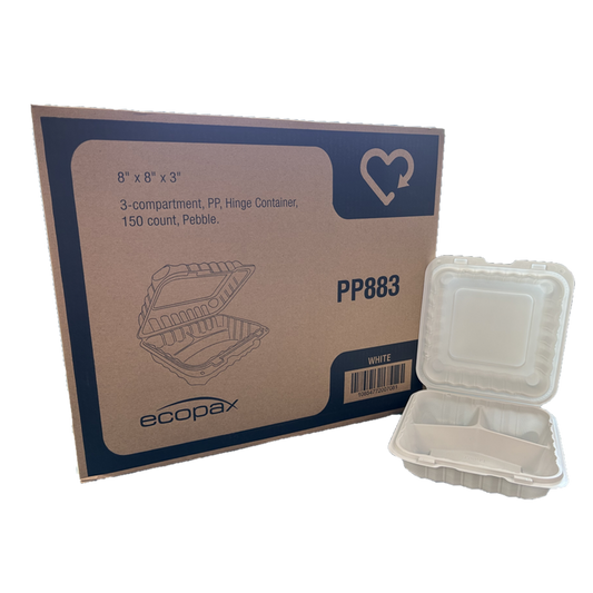 8" x 8" x 3" White MFPP Take-Out Container - 3-Comp.