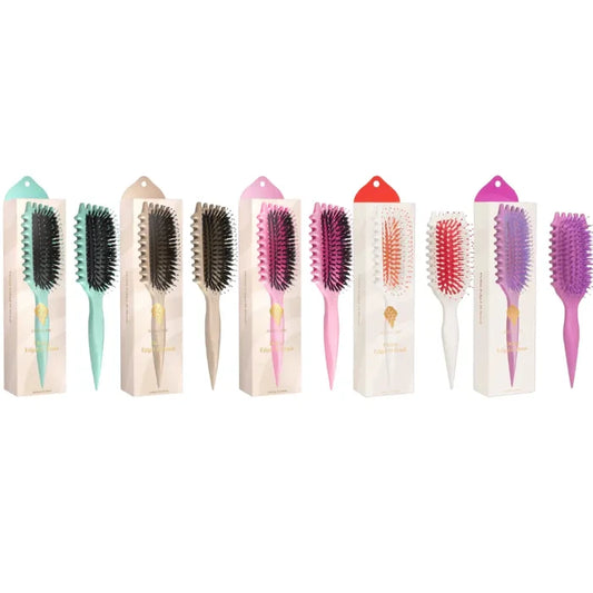 Curly hair brushes in mint, beige, pink, red, and purple for detangling and styling curls