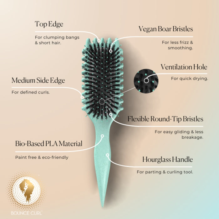 Bounce Curl detangling brush with vegan boar bristles, hourglass handle & ventilation holes for curly hair care