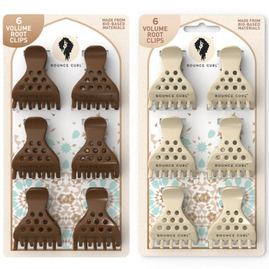 Bounce Curl volume root clips in brown and beige, 6 per pack, made from bio-based materials for curly hair styling