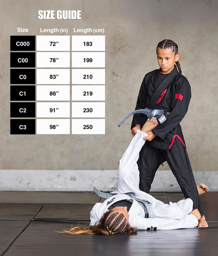 elite sports kids Brazilian jiu jitsu gray/white bjj belt size guide