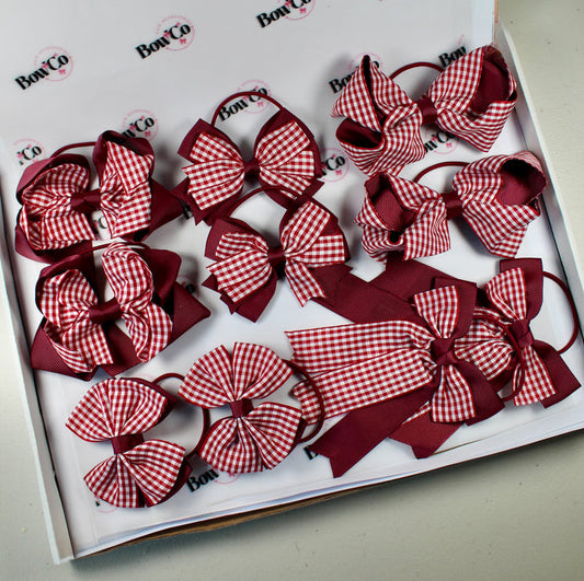 Burgundy Gingham School Bow Bundle M/L - Elastic - 10 Bows