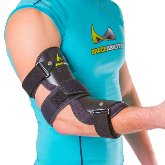 Elbow brace for cubital tunnel syndrome treatment immobilizes the elbow at a 122-degree angle and it allows users to easily access any dressing on the elbow.
