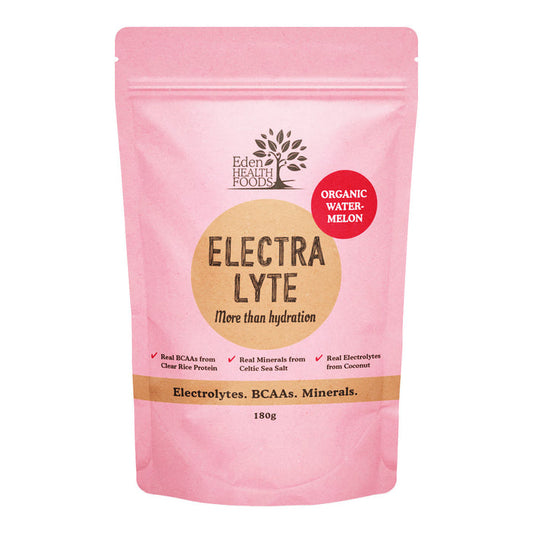 Pink package of Electra Lyte by Eden Health Foods with watermelon flavour on a white background.