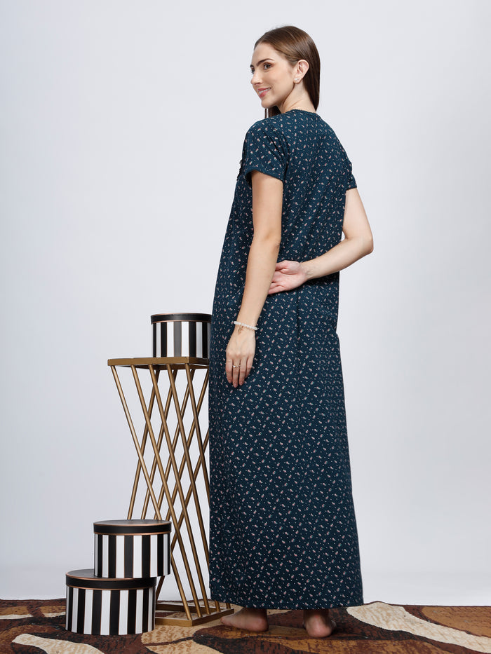 Forest Green Cotton Blend Feeding Maternity Nighty