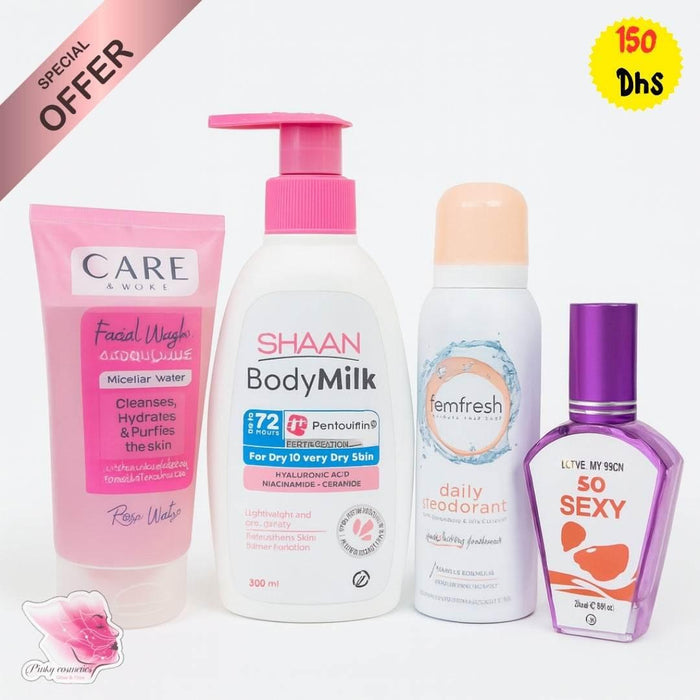 Feminine Care Set – Rose Wash + Body Milk + Deodorant + Perfume - Feminine Hygiene & Skincare Set - Care & More, Shaan, Femfresh, Love My Skin -- United Arab Emirates -- Pinky Cosmetics