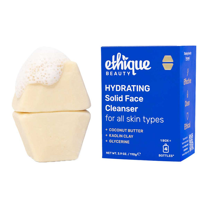 Ethique Hydrating Solid Face Cleanser for All Skin Types 110g, vegan bar with eco-friendly packaging.
