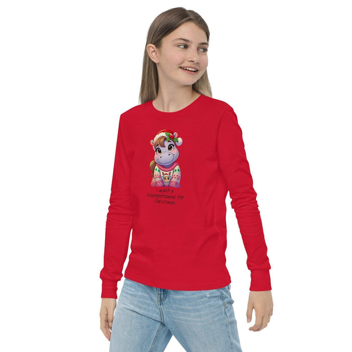 I Want a Hippopotamus for Christmas 🦛🎄 Girl Hippo - Youth Long Sleeve Tee! 🎁✨ - Whippie's