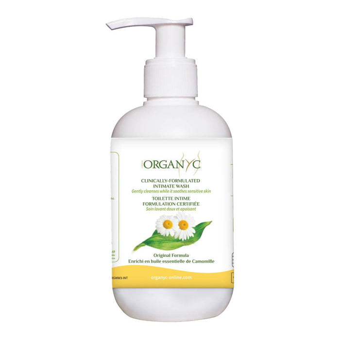 Front of 250ml pump bottle of Organyc Intimate Wash with chamomile.