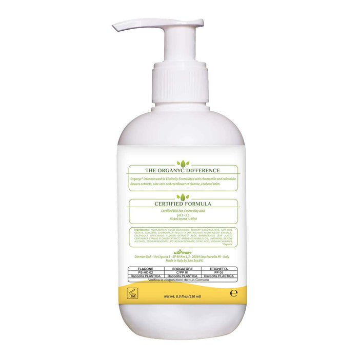 Back of intimate wash bottle with ingredients list and other highlights.