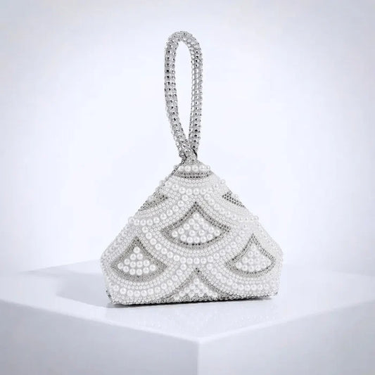 Silver Pearl & Crystal Bridal Handbag - Elegant Geometric Wedding Purse