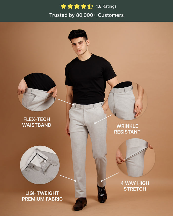 Men’s premium Light Grey Square Checks Flexiwaist Pant - Front view