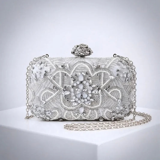Silver Opal & Pearl Bridal Clutch | Elegant Beaded Wedding Purse