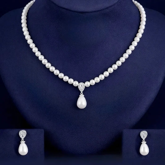 Pearl Drop Bridal Jewelry Set with CZ Detail | Wedding Necklace Set