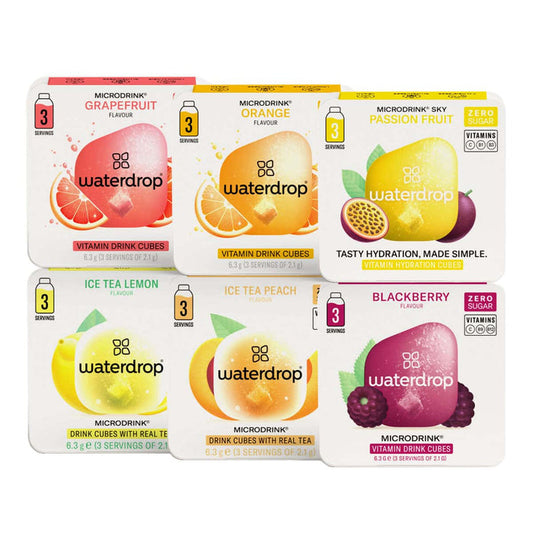 Collection of waterdrop vitamin drink cube packages in various flavours on a white background.