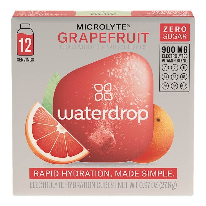Box of 12 waterdrop Microlyte cubes in grapefruit flavour. These sugar-free electrolyte cubes are made with natural fruit and plant extracts, providing a vitamin and zinc-enriched, flavoured drink. Each cube dissolves to create 400-600ml of a refreshing beverage designed to support you both during and post-exercise. The product comes in a silver box with a bright red logo in the middle.