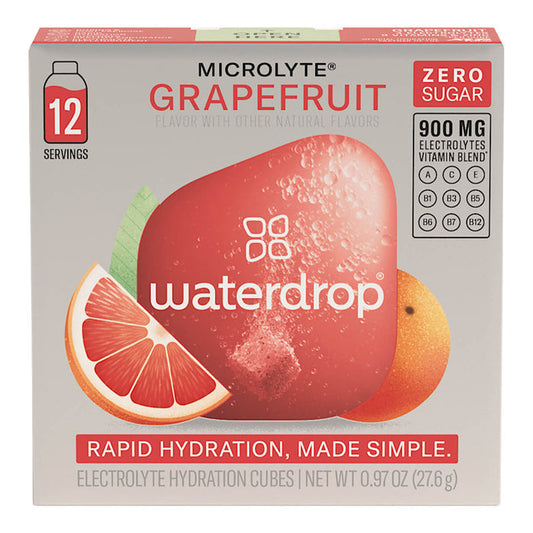 Box of 12 waterdrop Microlyte cubes in grapefruit flavour. These sugar-free electrolyte cubes are made with natural fruit and plant extracts, providing a vitamin and zinc-enriched, flavoured drink. Each cube dissolves to create 400-600ml of a refreshing beverage designed to support you both during and post-exercise. The product comes in a silver box with a bright red logo in the middle.