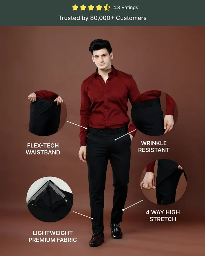 Men’s premium Midnight Black Double Lining Flexiwaist Pants- Front view