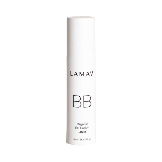 50ml bottle LAMAV Organic BB Cream in the shade 'Light' with natural sunscreen and age-defying bio-actives.