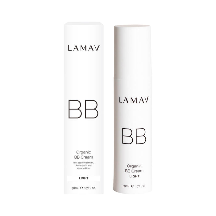 50ml box LAMAV Organic BB Cream in the shade 'Light' with natural sunscreen and age-defying bio-actives.