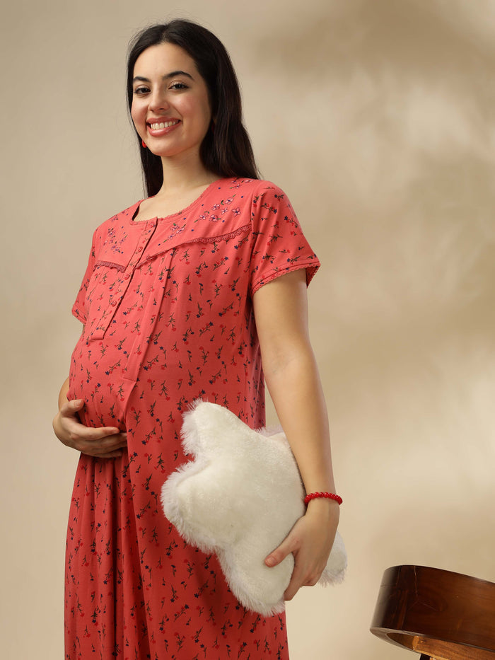 Cozy Peachy Pink Maternity Maxi Nighty For Women