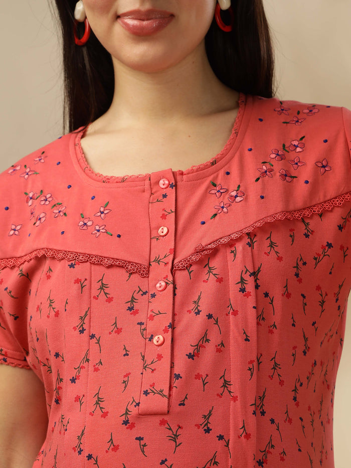 Cozy Peachy Pink Maternity Maxi Nighty For Women