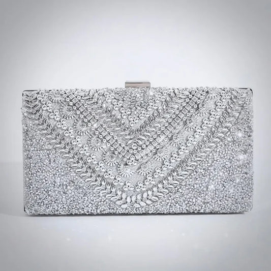 Elegant Sparkling Silver Bridal Clutch for Weddings, Receptions and Formal Evenings