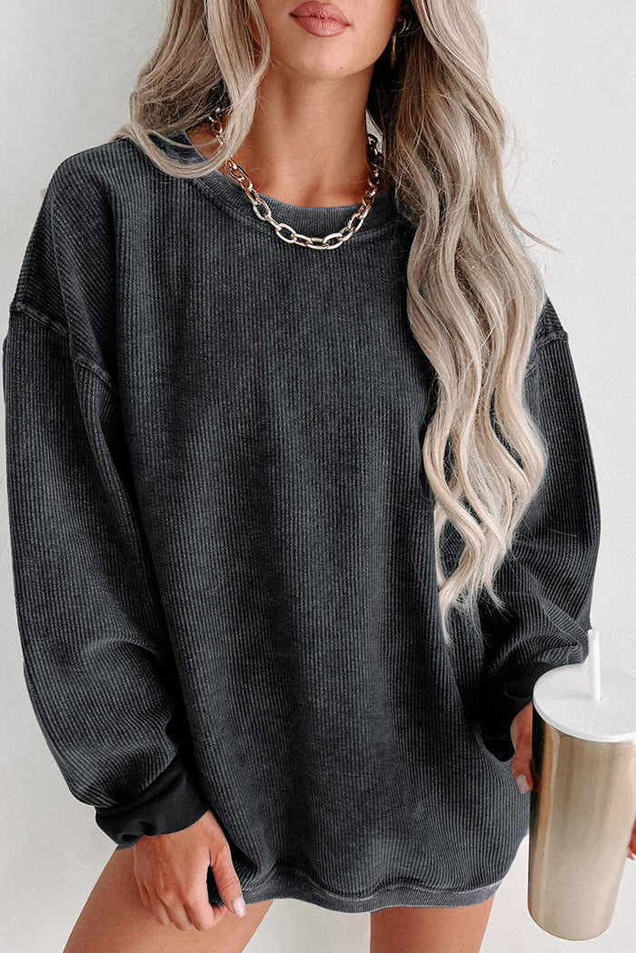 Round Neck Solid Ribbed Knit Pullover Sweatshirt