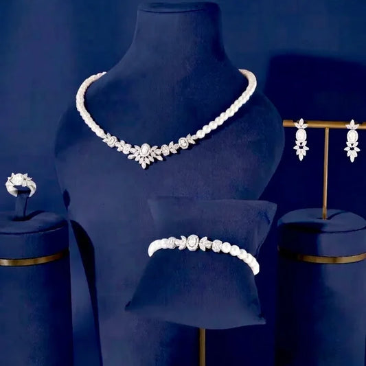 Elegant 4-Piece Pearl and CZ Bridal Jewelry Set - Silver & Gold
