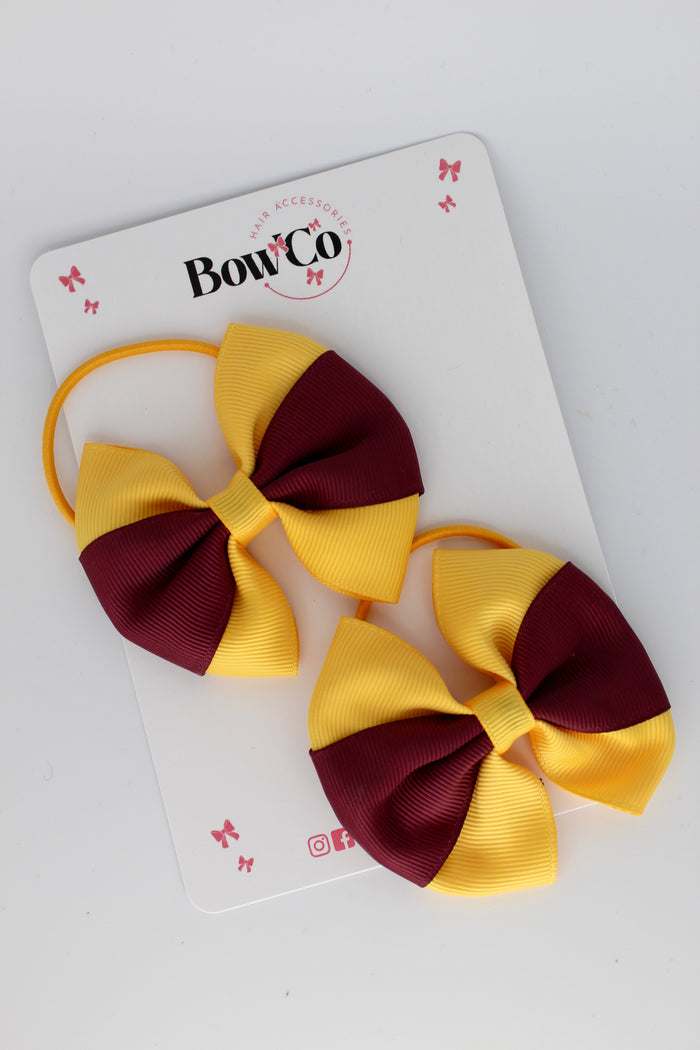 School Bows - Burgundy and Yellow Gold - Round Tuxedo Bow Set - Elastic