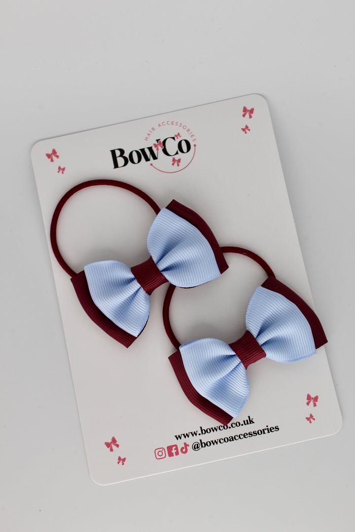 School Bows Burgundy and Bluebell - Double Ribbon Bow Set - Elastic