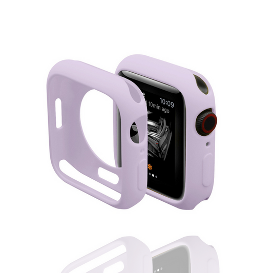 Lilac Coconut Lane silicone Apple Watch case shown both on a watch and separately, highlighting its smooth finish.