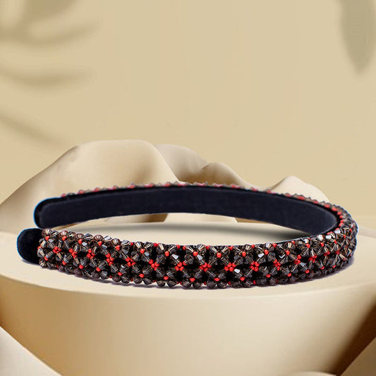Sleek Bead  Embroidered  Headband- Red