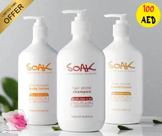 SOAK Superfood Skincare Set – Shampoo, Conditioner & Body Lotion (500ml) - Natural Hair & Body Care Set - SOAK Superfood Skincare -- United Arab Emirates -- Pinky Cosmetics