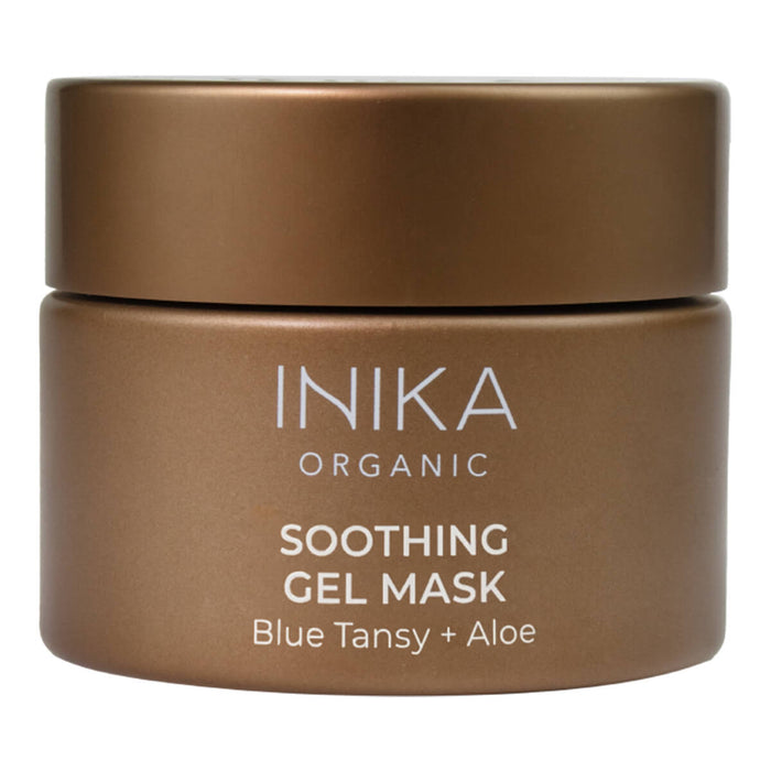 Jar of soothing gel mask with blue tansy oil and aloe vera.