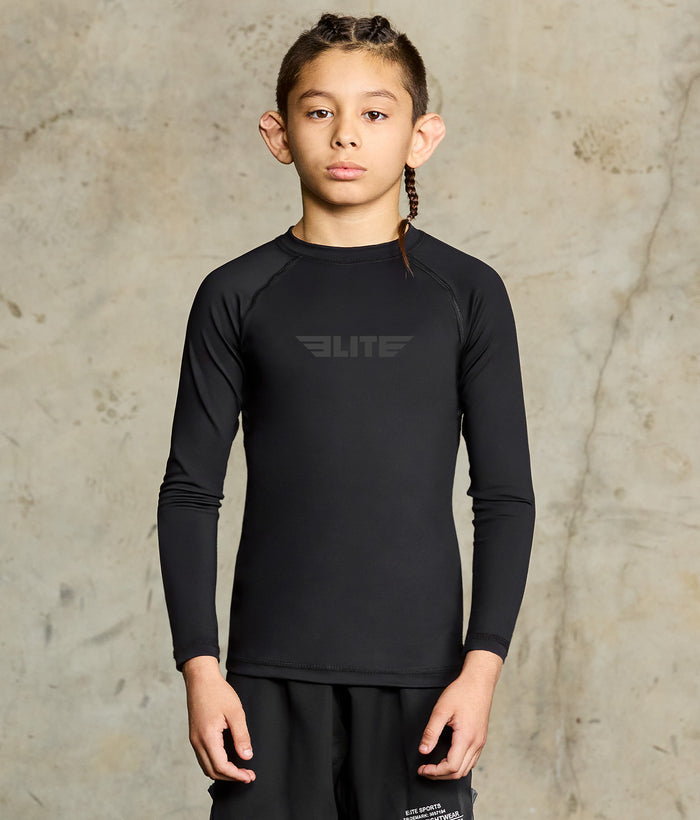 elitesports standard black long sleeve no-gi kids jiu jitsu rashguard