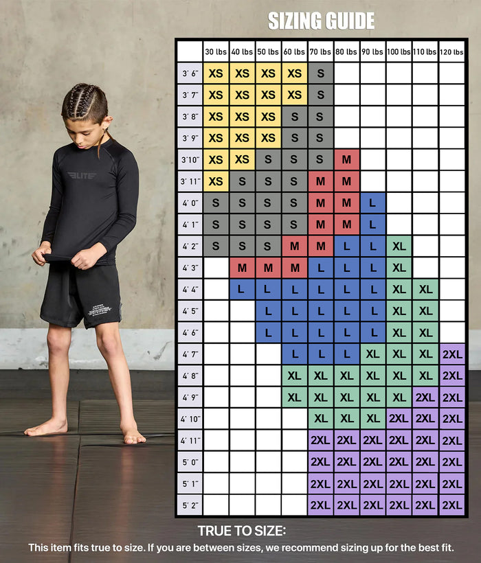 elitesports standard black long sleeve kids jiu jitsu rash guard size chart